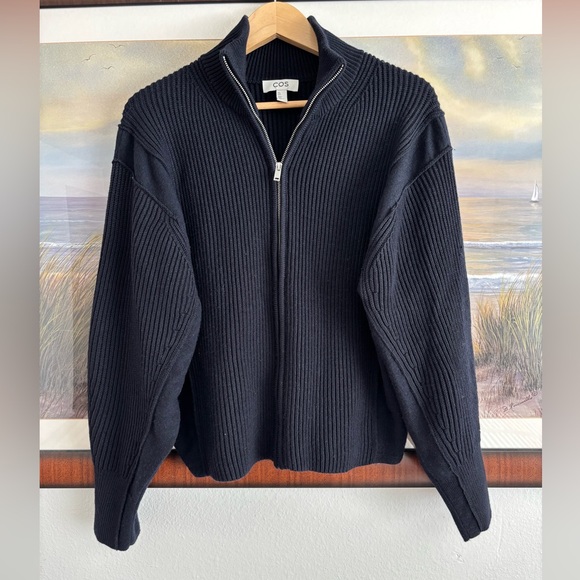 COS Sweaters - COS Dark Navy Ribbed full Zip Wool Turtleneck Sweater (oversized)